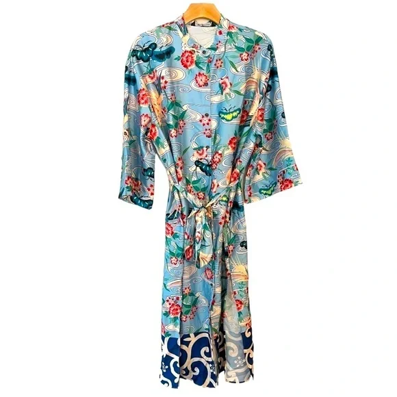 ZARA Floral Bird Tropical Belted Silky Kimono Shirt Dress/Kaftan Size XL NEW